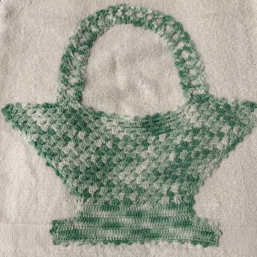 Vintage Cannon Towel with Hand Crochet Basket in Variegated Green Weave Design